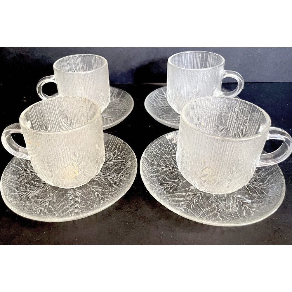 Country Wheat Mugs & Saucers Glass Arcoroc JG Durand Set Of 4 ~ Retired Vintage